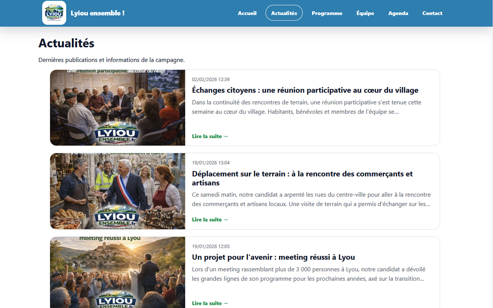Aperçu du site public : page actualités