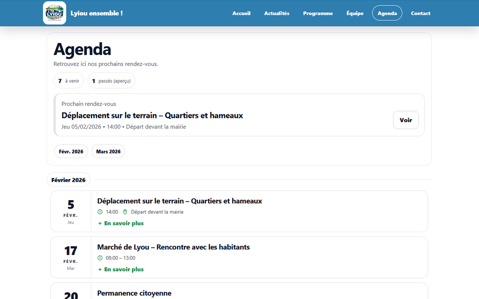 Aperçu du site public : page agenda